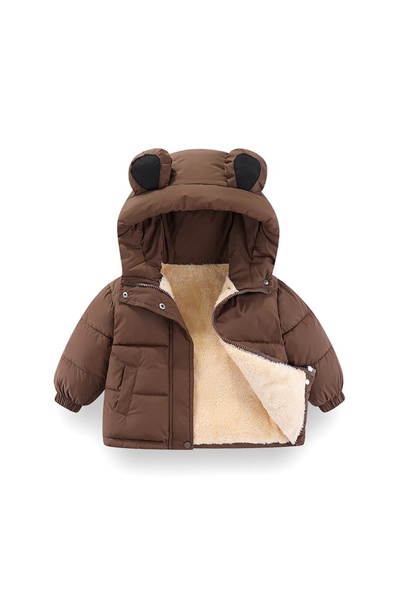 Boys Winter Jacket Warm Thermal Insulated Coat With Cartoon Design Thickened Down Alternative Filled Outerwear for Cold Weather Size 2-3 Years, Brown