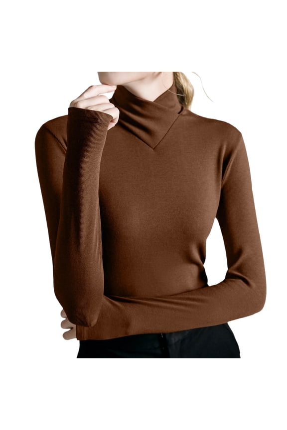Brick Red Crossover Turtleneck, Women's High Stretch Turtle Neck Long Sleeve Bottoming Pullover Tops Size XXXL
