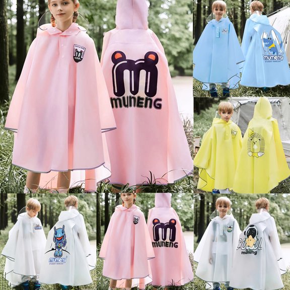 YAYUBA Children's Raincoat Hidden Backpack Riding Rainwear Cartoon Print Long Medium Sized Children's School Poncho, Pink, 8-10 Years