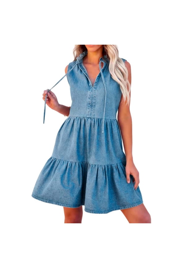 Dresses for Women Spring/Summer Women's Loose Tiered Short Sleeve Denim Dress V Neck Casual Boho Midi Dress Vacation Flowy Maxi Dresses