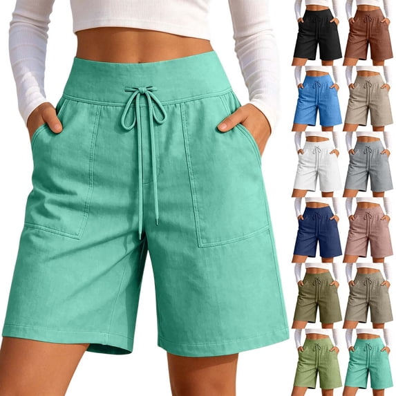 YAYUBA Cotton Linen Shorts for Women Drawstring Knee Length Bermuda Shorts with Pockets Summer Casual Baggy Wide Leg Outfits Size M, Beige