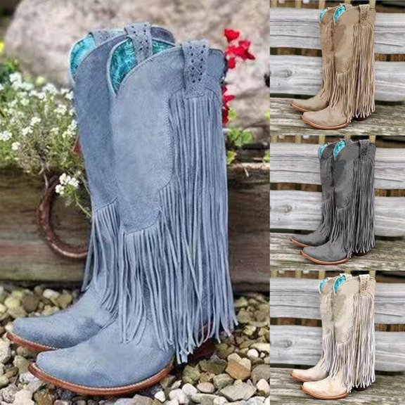 YAYUBA Cowboy Boots for Women Fringe Knee High Boots Embroidered Cowgirl Western Pointed Toe Heel Boots