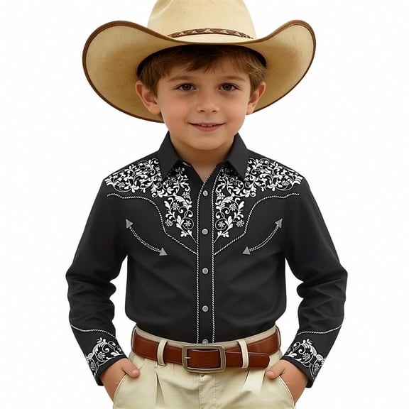 YAYUBA Cowboy Shirts For Toddler Boys Western Shirts Long Sleeve Pearl Snap Button Down Cowboy Shirt Toddler Kids Retro Country Tops Outfit