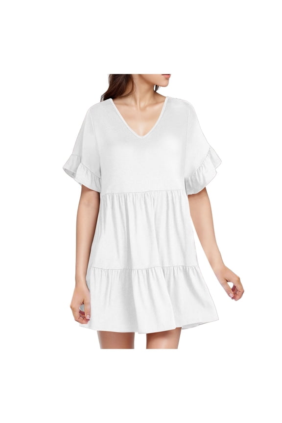 Cruise Dress Summer Women's V Neck Ruffled Pocket Short Sleeved Dress Beach Maxi Dress