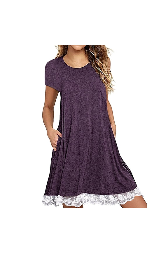 Cruise Dresses for Women O Neck Casual Lace Short Sleeve Above Knee Dress Loose Party Dress Floral Travel Summer Dress