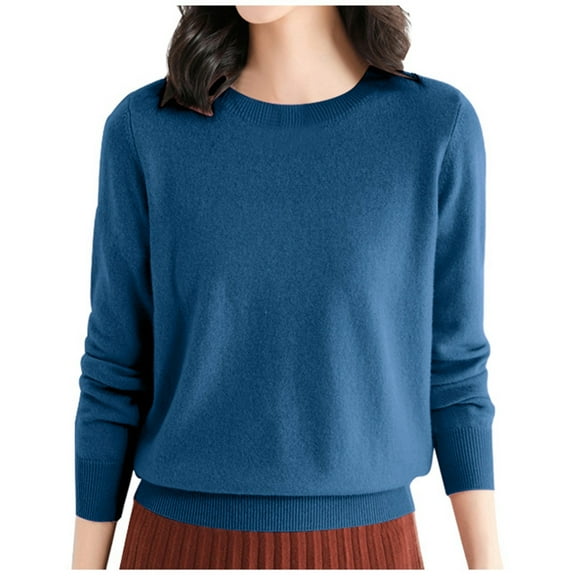 YAYUBA Dark Blue Women Cotton Knitted Sweater Temperament Crew Neck Top Breathable Versatile Pullover Winter Sweaters Size XL