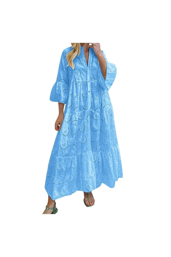 Dress for Women Summer And Autumn French V Neck Flared Sleeves Lace Openwork Long Dress for Women Summer Vacation Sun Dress