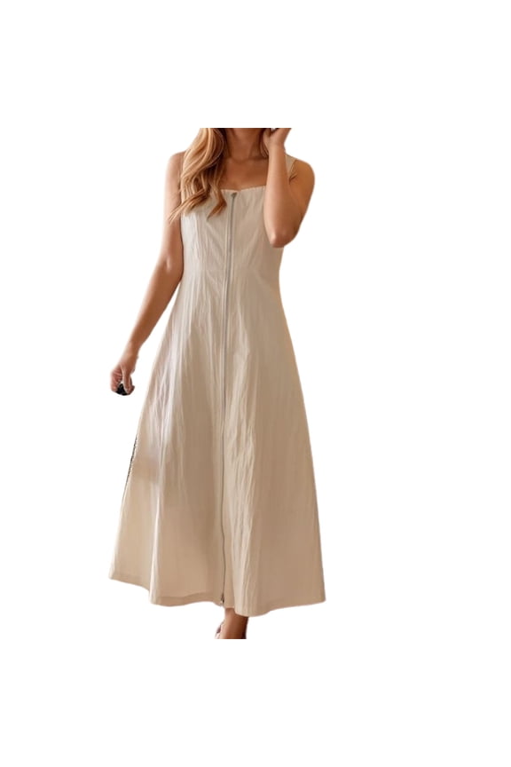 Dresses for Women Casual Dress Square Neck Sleeveless Zipper Basic Solid Summer Stretchy Flowy Lightweight Versatile Stylish Trendy Feminine Maxi Beach Dress Sundress