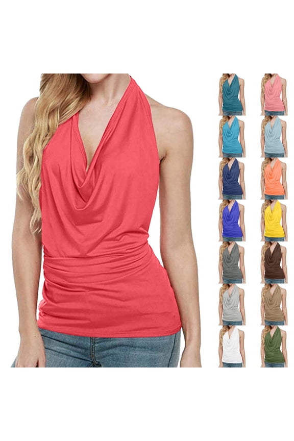 Dressy Tops for Women Tops Backless Vest Sleeveless Neck Tank Women Blouse Cowl Drape Women's Blouse Ribbed Knit Shirt Casual Going Out Top