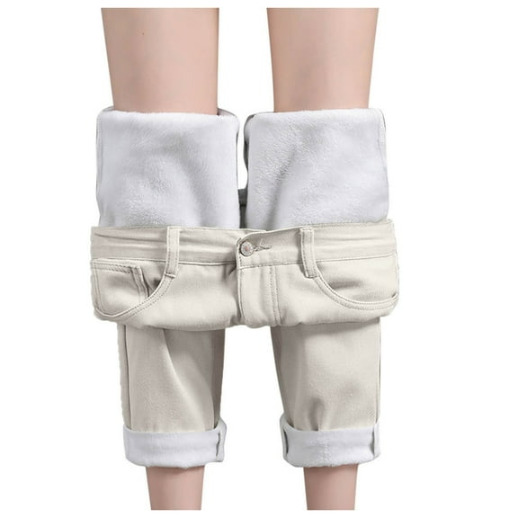 YAYUBA Fleece Lined Jeans Women hermal Thick Skinny Denim Pants Slim Stretch Warm Jeggings,Beige,M