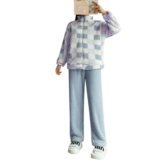 YAYUBA Fluffy Pajamas Set for Women Pineapple Grid Pattern Stand Collar Zip Up Loungewear Long Sleeve Thermal Warm Home Wear Outfit Casual Winter Sleepwear