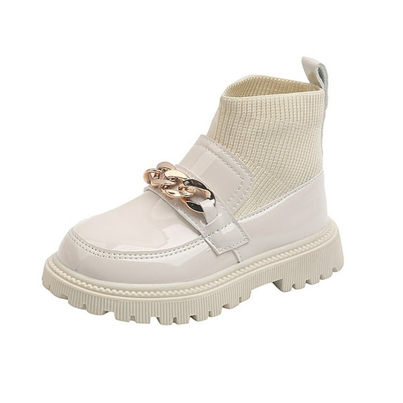 YAYUBA Girl's Platform Loafers Slip On Chain Chunky Shoes Round Toe School Uniform Dress Flats Size 3.5 Big Kids White