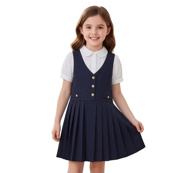YAYUBA Girls 2 in 1 School Uniform Dress Short Sleeve Pleated Jumper Button Down Shirts Dresses 7-8 Years Navy
