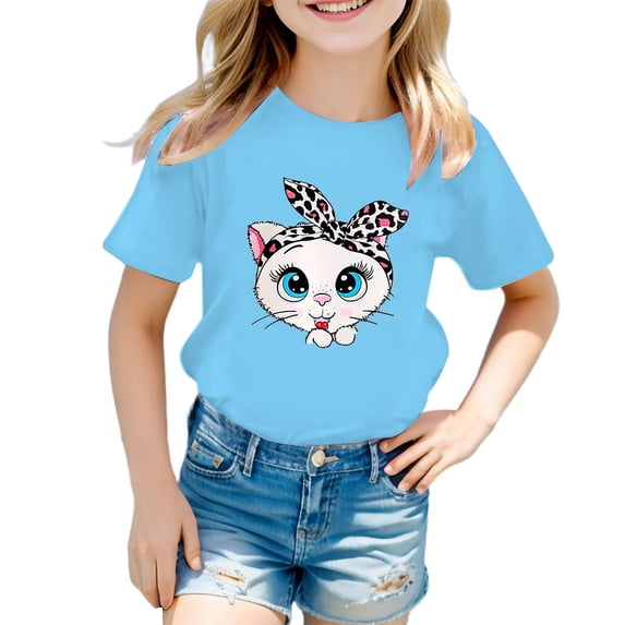YAYUBA Girls 5t Shirts Cartoon Print Crewneck Back To School Shirt Comfortable Summer Tops Preppy T-Shirts Toddler To Big Kid, 11-12 Years, Blue