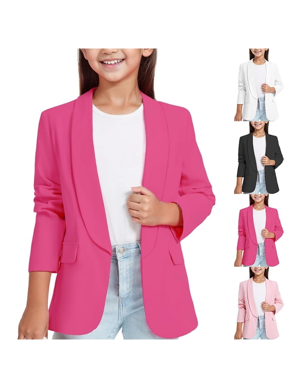 Girls Blazer Jacket Notched Lapel Collar Open Front Solid Casual Kids Suit Long Sleeve Formal Blazer Size 13-14 Years, Black