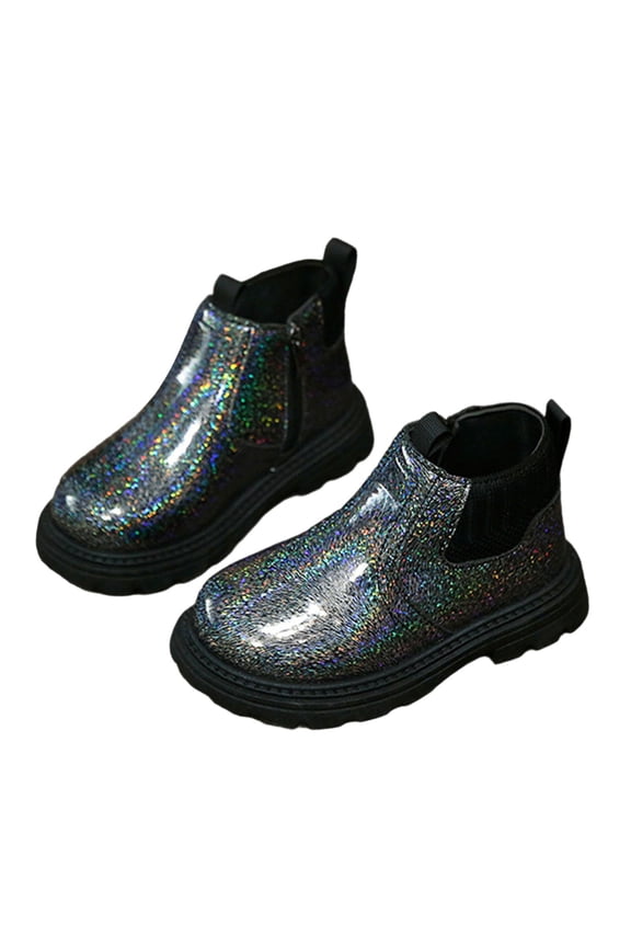 Girls/Boys Ankle Combat Boots with Side Zipper and Lace-Up, Waterproof Glitter Style, Easy On/Off Sparkle Shoes for Toddler/Little Kid Size 8.5 Toddler Black