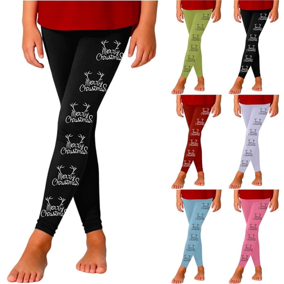 YAYUBA Girls' Christmas Pants Elk Print Legging Xmas Tree Casual Leggings Santa Claus Colored Lights Trousers