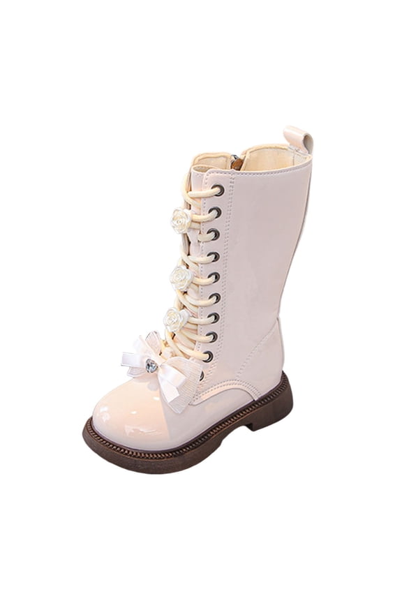 Girls Combat Boots Knee High Mid Calf Side Zipper Bow Lace Up Classic Kids Winter Shoes Fall Fashion Teen Punk Goth Boot Size 9.5,White