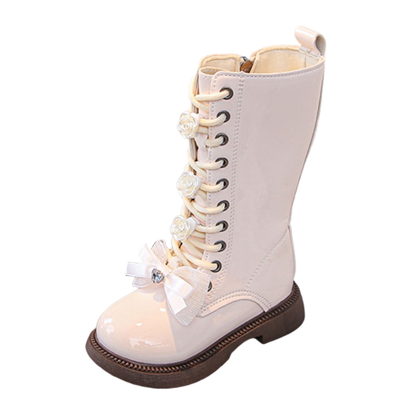 Girls Combat Boots Knee High Mid Calf Side Zipper Bow Lace Up Classic Kids Winter Shoes Fall Fashion Teen Punk Goth Boot Size 9,White