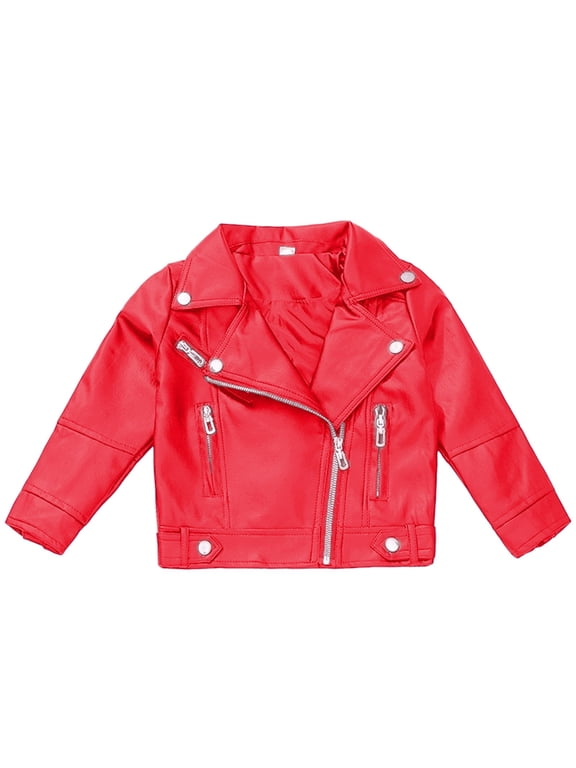 Girls Fashion PU Leather Motorcycle Jacket Children's Outerwear Slim Coat Size 7-8 Years, Red