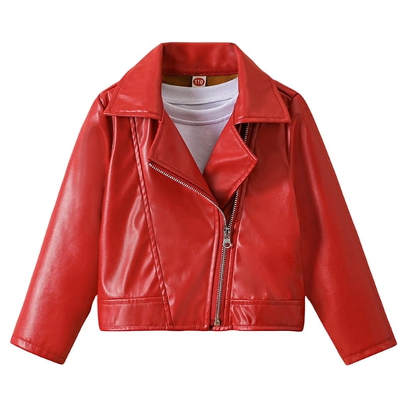 YAYUBA Girls Faux Leather Jackets Children's Zip Up Motorcycle Short PU Moto Biker Outwear Fitted Slim Coat Size 5-6 Years, RD1