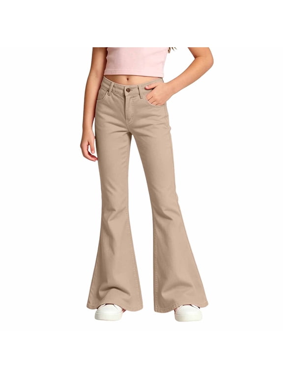 Girls Flare School Uniform Pants Khaki Kids Wide Leg Bell Bottoms Mid Rise Elastic Waist Loose Back To School Casual Pants with Pockets, 11-12 Years