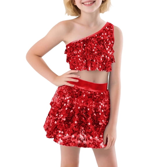 YAYUBA Girls Halloween Dress Up Sequin Dance Outfit Two Piece Stretchy Skirt and Top for Dance Parties Performance Halloween Gifts, Red, 6-7 Years