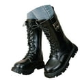 thumbnail image 1 of YAYUBA Girls Lace Up Riding Boots Fleece-Lined Mid Calf Combat Boots PU Leather Side Zipper Punk Goth Boot 4-11 Years Size 10.5,Black, 1 of 9