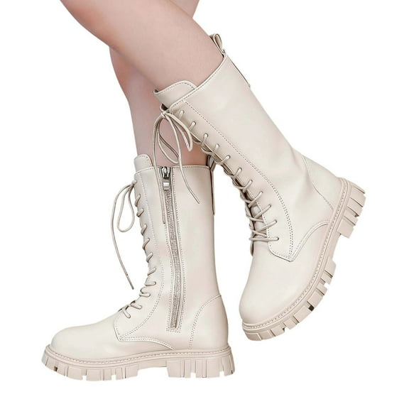 YAYUBA Girls Lace Up Riding Boots Mid Calf Fleece-Lined Combat Boots PU Leather Side Zipper Punk Goth Boot 4-11 Years Size 12,White