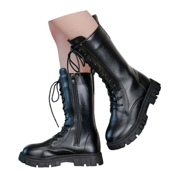 YAYUBA Girls Lace Up Riding Boots Mid Calf Fleece-Lined Combat Boots PU Leather Side Zipper Punk Goth Boot 4-11 Years Size 4.5,Black