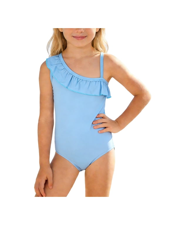 Girls One Piece Swimsuit Ruffle Straps Cut Out Beach Swimming Pool Bathing Suit Size 7-8 Years Light Blue
