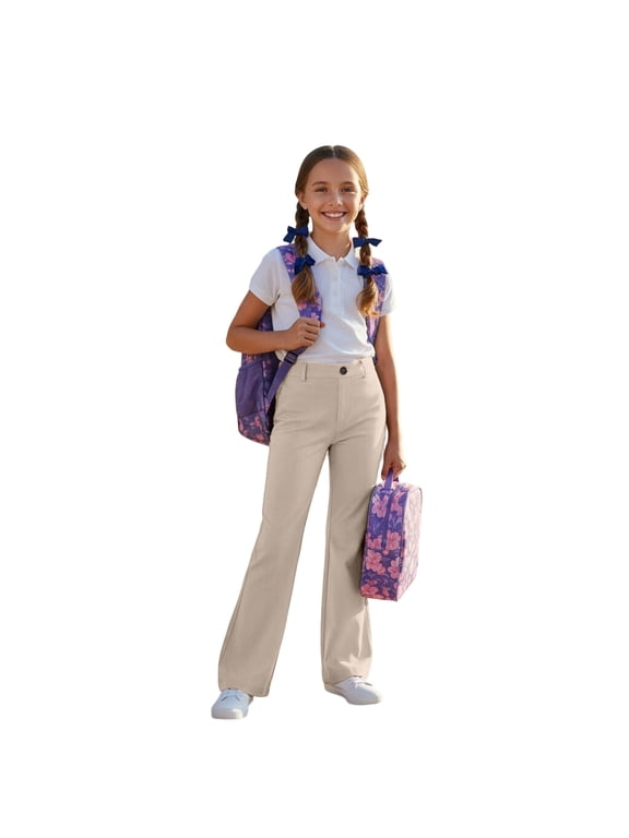 Girls School Uniform Flare Slim Fit Dress Pants Casual Elastic Waist Pull on Preppy Outfits Back To School Clothes for Girls 7-8 Years Beige