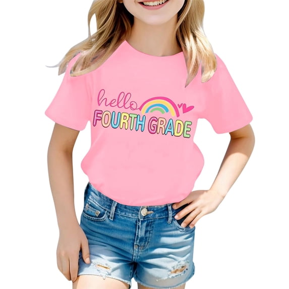 YAYUBA Girls T Shirts Oversize Graphic T-Shirts Round Neck Back To School Shirt Fashion Beach Shirt Preppy Shirts for Teen Kids, 1-2 Years, Pink