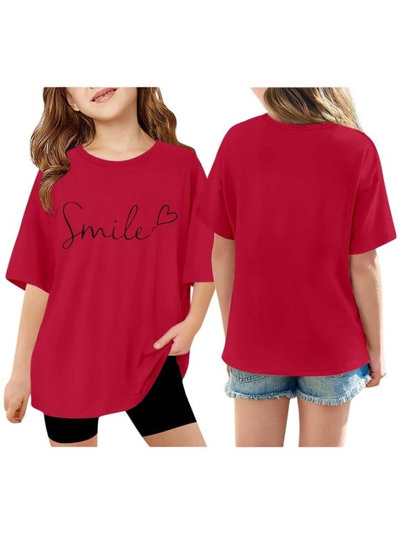 Girls Tops Size 8 Solid Color Crewneck Back To School Short Sleeve T-Shirt Comfortable Pullover Tops Preppy School Clothes for Girls, 5-6 Years, Wine