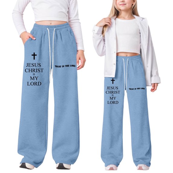 YAYUBA Girls Wide Straight Leg Loose Sweatpants Elastic Waist Drawstring Jogger Pants, Pink, 11-12 Years