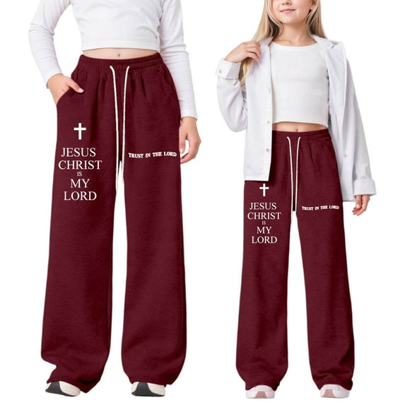 YAYUBA Girls Wide Straight Leg Loose Sweatpants Elastic Waist Drawstring Jogger Pants, Pink, 12-13 Years