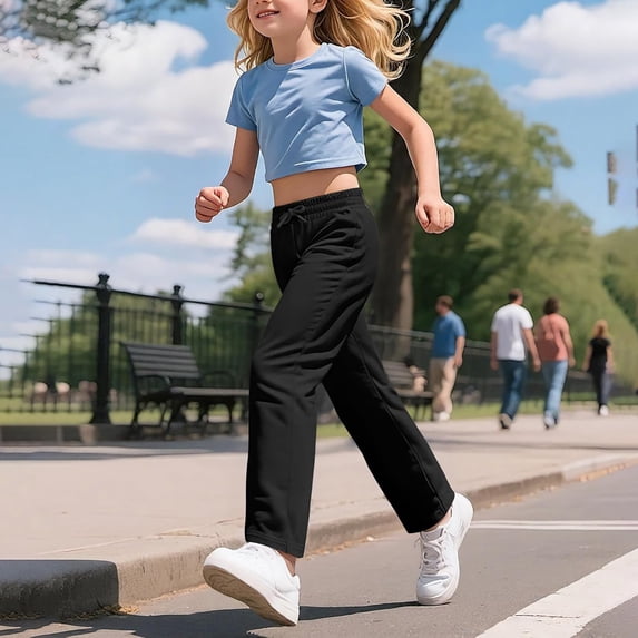 YAYUBA Girls Wide Straight Leg Track Pants Elastic Waist Casual Baggy Athletic Trousers Jogger Sweatpants Back To School Sportswear, Black, 11-12 Years