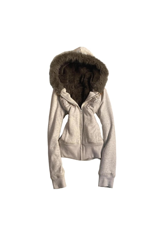 Grunge Fuzzy Hood Zip Up Hoodie Women Teen Girls Y2k Emo Goth 2000s Sweatshirts Cute Fall Winter Crop Coats Size S, Grey