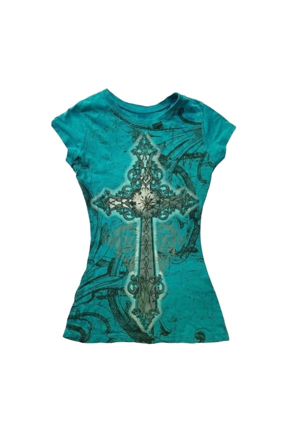 Grunge Shirts Emo Clothes Girls Vintage Graphic Tee Y2k 2000s Goth Top Women Mcbling Short Sleeve Streetwear Size S, Green