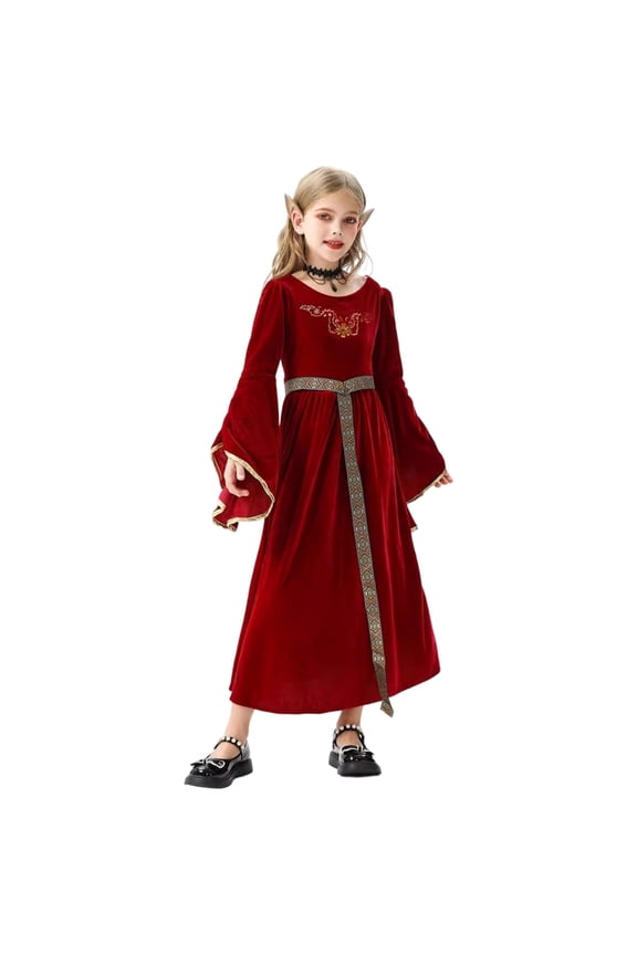 Halloween Renaissance Faire Dress Girls Victorian Princess Fancy Outfit Robe Elegant Dress Velvet Dress Up Kids Halloween Gifts, Red, 5-6 Years