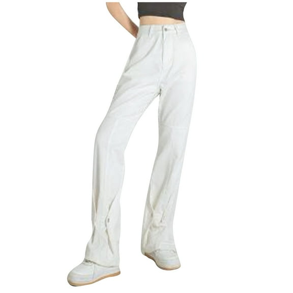 YAYUBA High Waisted Jeans for Women Crossover High Waisted High Stretch Loose Tummy Control Boyfriend Denim Pants with Multiple Pockets,White,M