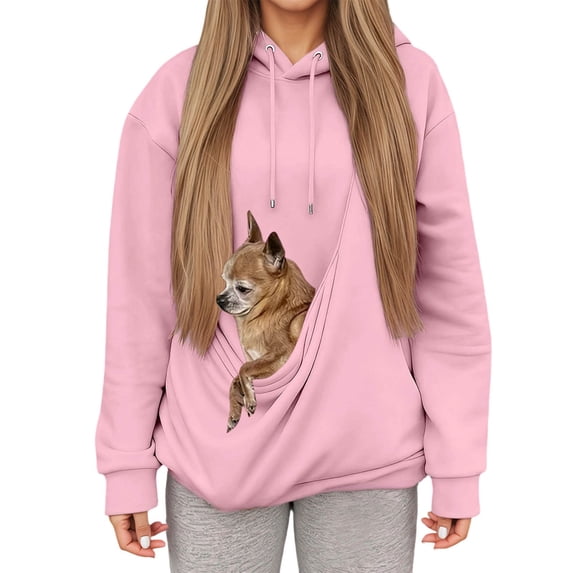YAYUBA Hoodies For Women Cat Pouch Hoodie for Women Kangaroo Pocket Dog Pouch Sweatshirts Pet Carrier Pullover Animal Holder Long Sleeve Tops,L,Pink