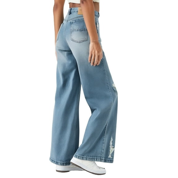 YAYUBA Jeans for Women Petite Wide Leg High Waisted High Stretch Casual Fashion Bell Bottom Jeans with Multiple Pockets,Blue,XXL