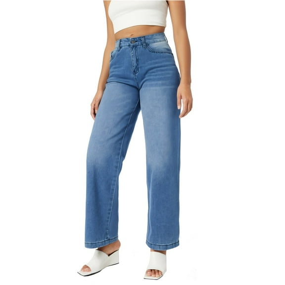 YAYUBA Jeans for Women Trendy Mid-Low Waist Straight Leg Casual Fashion Baggy Barrel Jeans with Multiple Pockets,Blue,L
