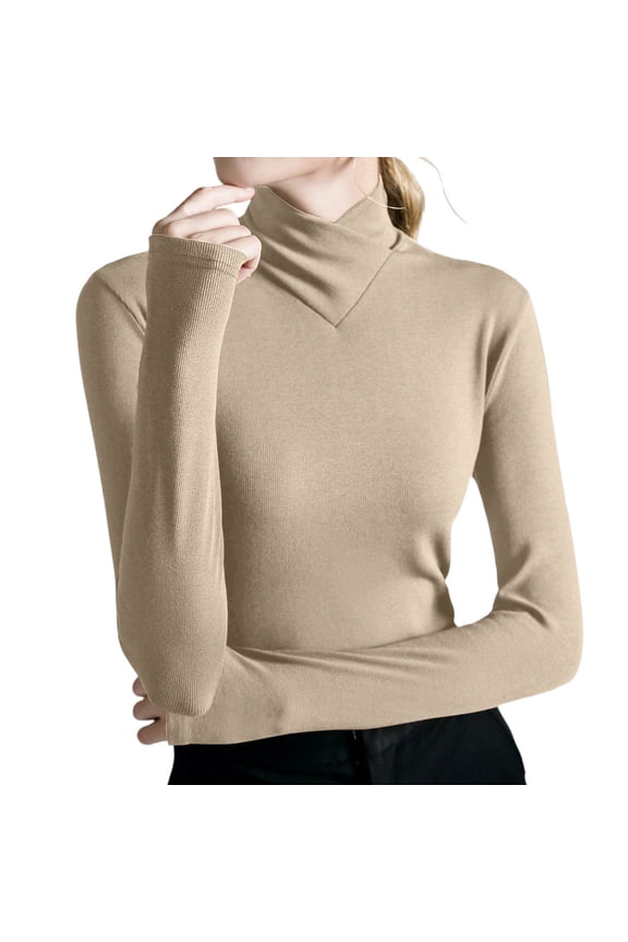 Khaki Crossover Turtleneck, Women's High Stretch Turtle Neck Long Sleeve Bottoming Pullover Tops Size XL
