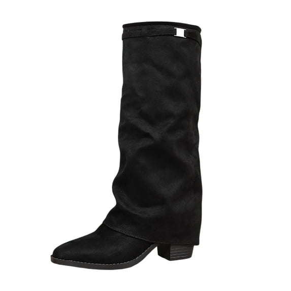 YAYUBA Knee High Boots Women Fold Over Knee High Boots Chunky High Heels Long Boots Zipper Pointed Toe Dress Tall Boots for Women Size 6.5,Black