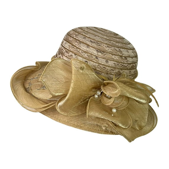 YAYUBA Lady's French Chapeau: Summer Sun Hat With Floral Embellishments Wide Brim Netted & Beach Suitable,Gold