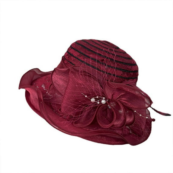 YAYUBA Lady's French Chapeau: Summer Sun Hat With Floral Embellishments Wide Brim Netted & Beach Suitable,Red