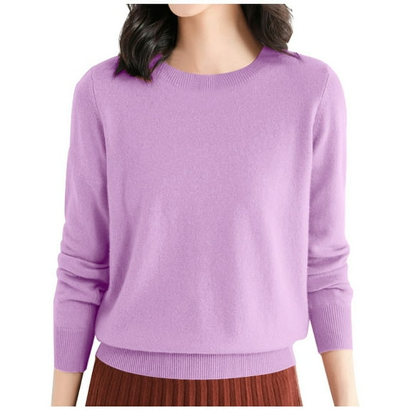 YAYUBA Light Purple Women Cotton Knitted Sweater Temperament Crew Neck Top Breathable Versatile Pullover Winter Sweaters Size M