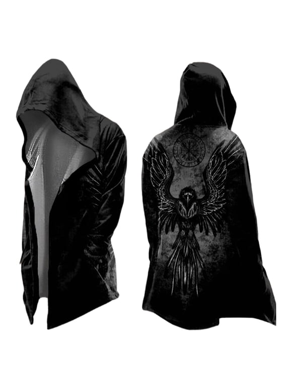 Long Hallowen Hooded Cardigan Ruffle Shawl Collar Open Front Lightweight Drape Cape Overcoat with Pockets Halloween Gifts , XL, Black